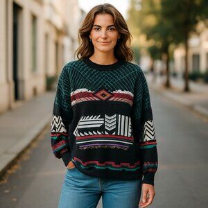 Vintage Maggie Lawrence Collection Sweater Womens 7 Aztec Print Made In USA